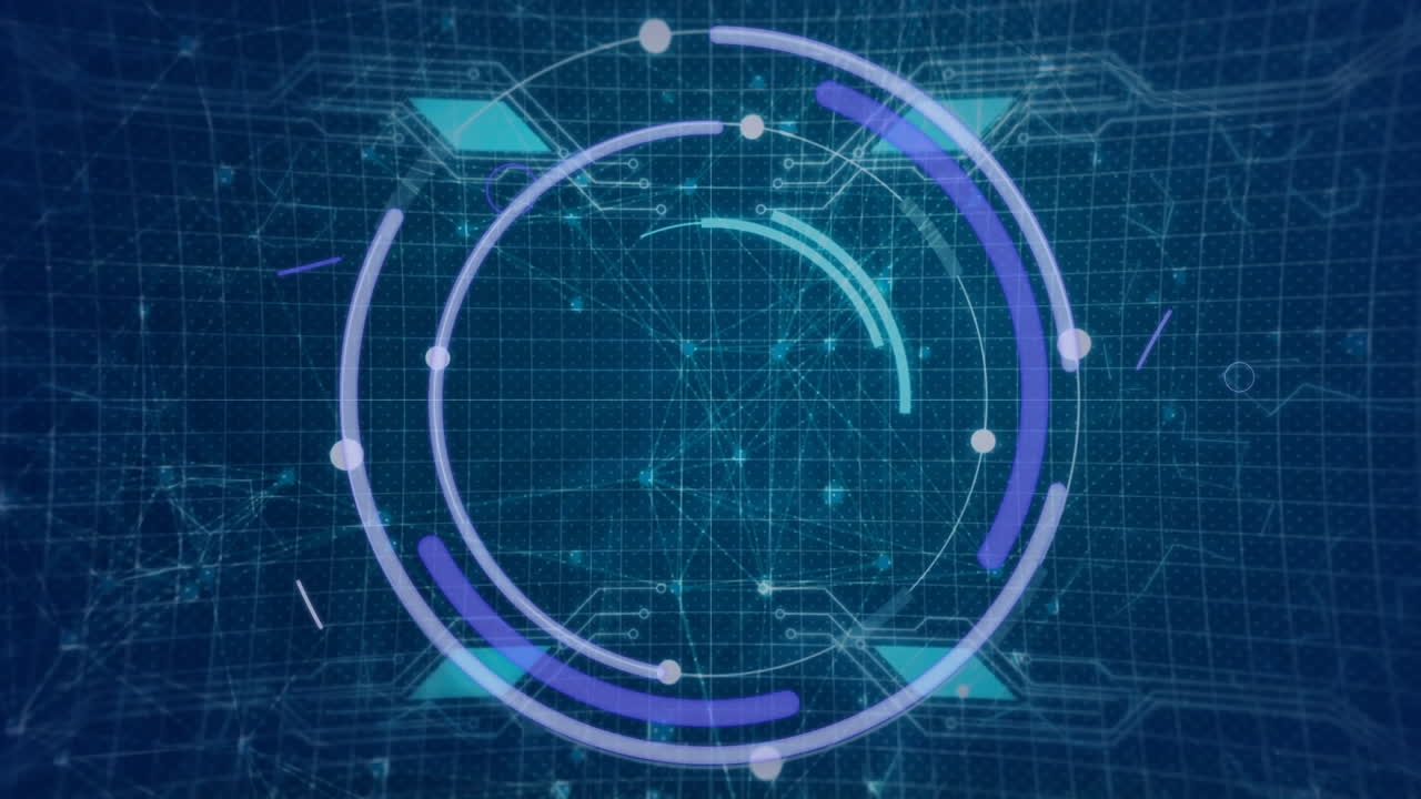 Animation of eye scanner and light trails over microprocessor connections against blue background