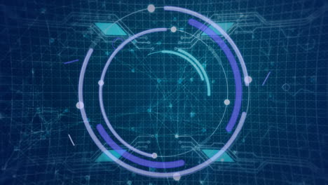 Animation-of-eye-scanner-and-light-trails-over-microprocessor-connections-against-blue-background