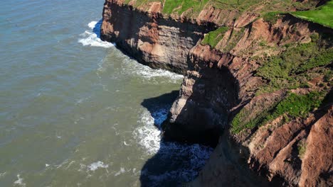 native seagull birds flying in large groups around the very steep and high cliffside on the coastline hiding in the shadows on clear sunny day with drone