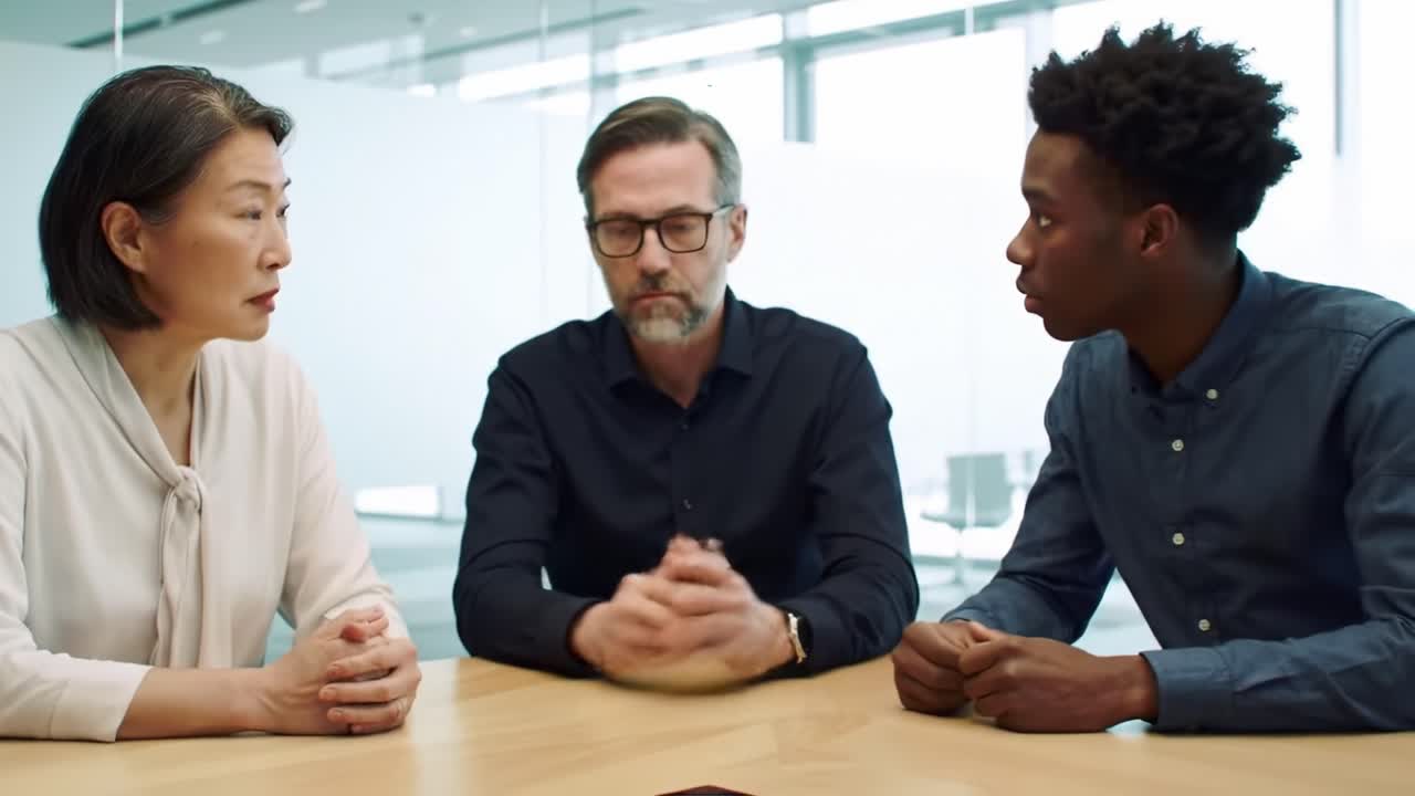 Three professionals are engaged in a thoughtful discussion around a table in a sleek office environment. Their expressions indicate a serious conversation about important topics.