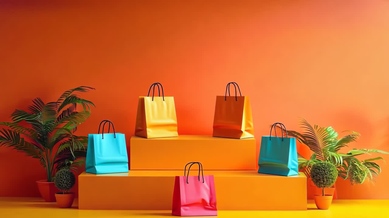 una fila de bolsas de compras coloridas sentadas en la parte superior de un estante amarillo y naranja