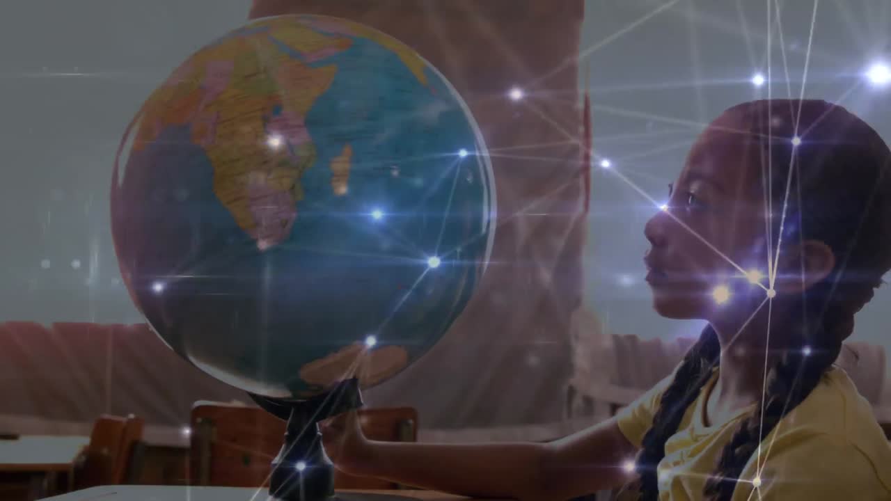 animación de una chica mirando el globo sobre una red hecha de puntos en el fondo.