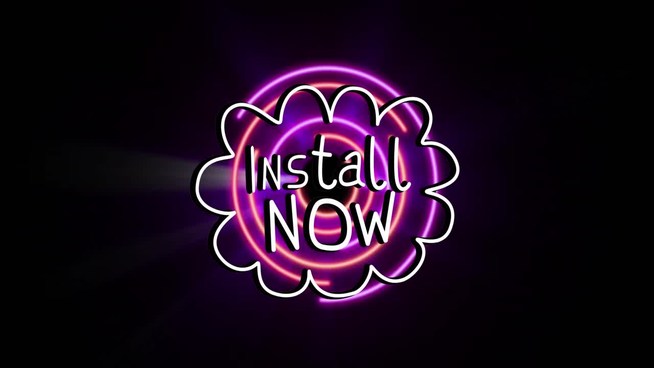animación de instalar ahora texto sobre una burbuja de habla y escáner redondo púrpura sobre fondo negro