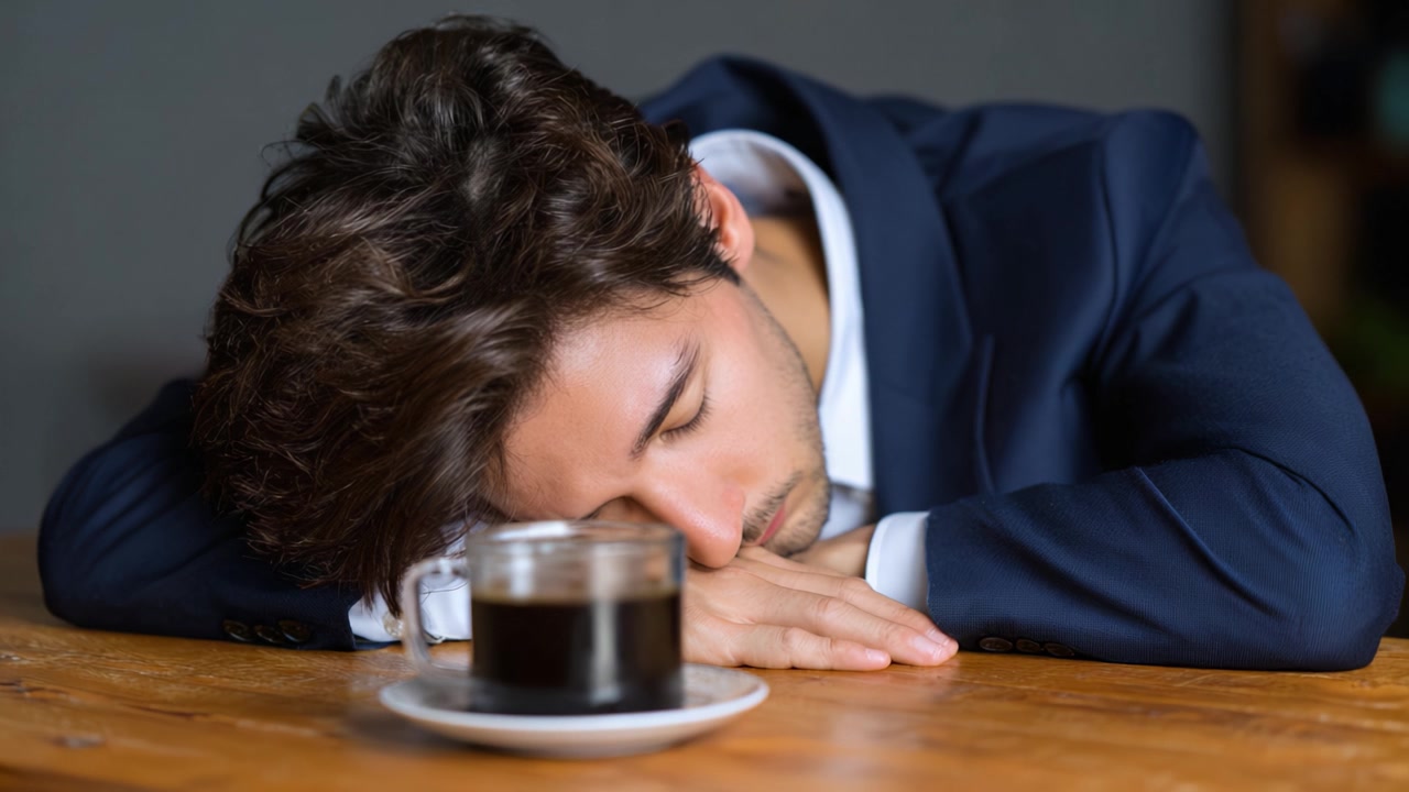Un professionista stanco si china su un tavolo di legno, esausto e apparentemente assonnato accanto a un bicchiere di caffè scuro, illustrando la fatica e lo stress nella vita lavorativa.
