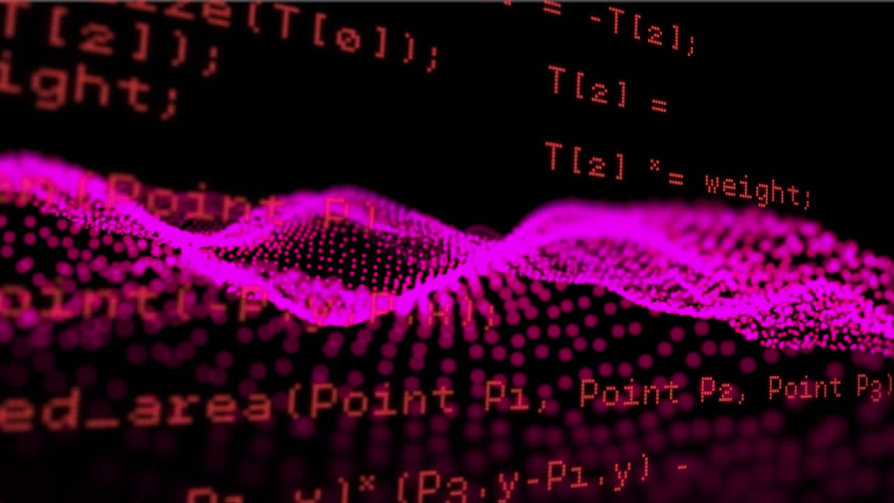 animación del procesamiento de datos sobre una malla ondulada abstracta con puntos rosados