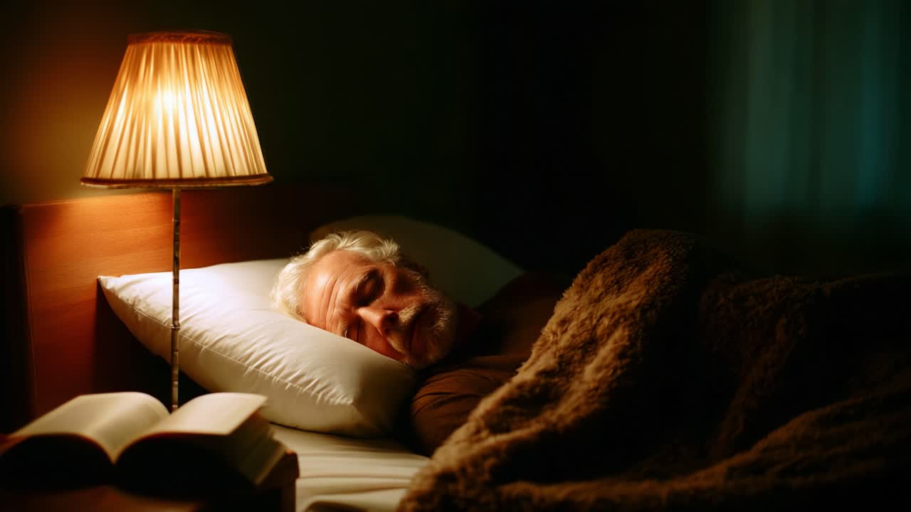 A Tranquil Night's Sleep: An Elderly Man Resting Peacefully Under Soft Light, Enveloped in a Cozy Blanket Next to a Book on a Bed, Evoking a Sense of Calm and Serenity in a Quiet Room