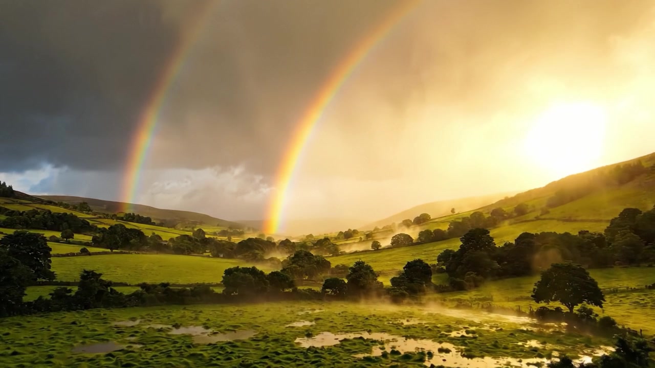 Pemandangan Golden Hour yang Menakjubkan Menampilkan Pelangi Ganda Cerah Melengkung di Atas Ladang Berkabut dan Tanaman Hijau Subur, Diterangi oleh Cahaya Hangat Matahari Terbenam
