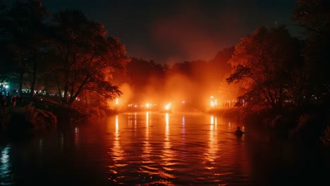 A Captivating Evening Scene by the River, Highlighting the Glow of Illuminated Flames Amidst Mist and Trees, Capturing the Essence of a Tranquil yet Enigmatic Night