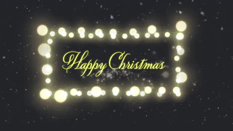 Animation-of-happy-christmas-text-in-frame-of-glowing-christmas-lights-and-falling-snow,-on-black