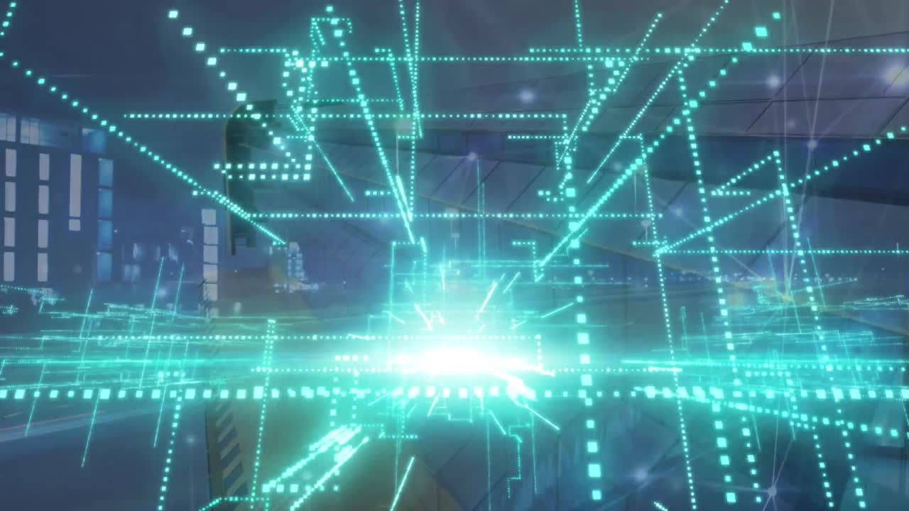 도시 풍경 위에 네온 3d 기하학적 모양의 애니메이션