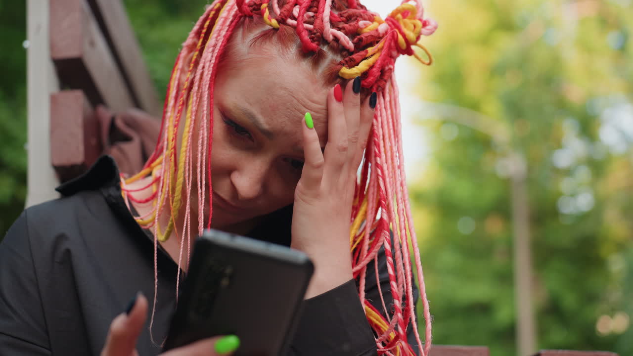 Женщина с дредами и обеспокоенным видом, девушка с цветными косичками демонстрирует волнение при использовании устройства, женщина с яркими дредами выглядит встревоженной после прочтения тревожной информации на своем телефоне