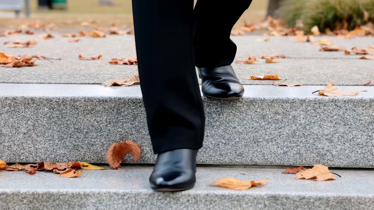 Vista cercana de zapatos negros bajando escaleras de granito texturizado mientras las perneras del pantalón se mueven hacia la cámara, con hojas secas naranjas y marrones esparcidas por el sendero exterior