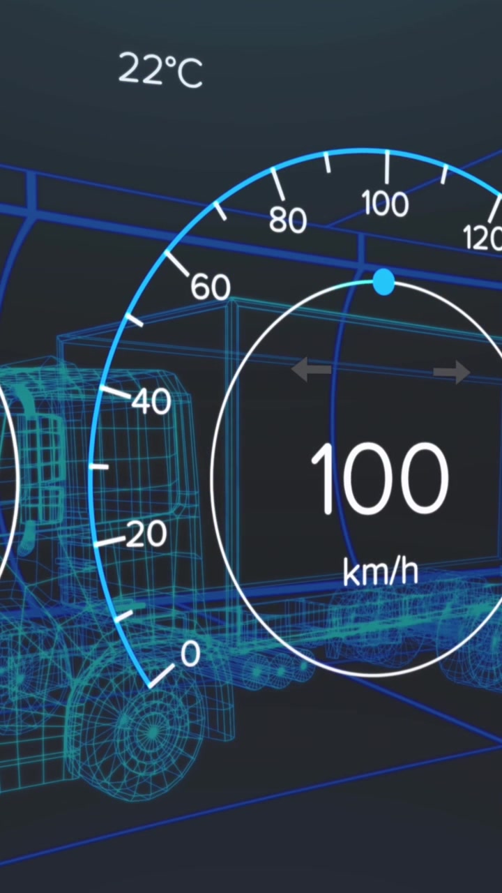 Animation of speedometer, gps and charge status data on vehicle interface, over 3d truck model
