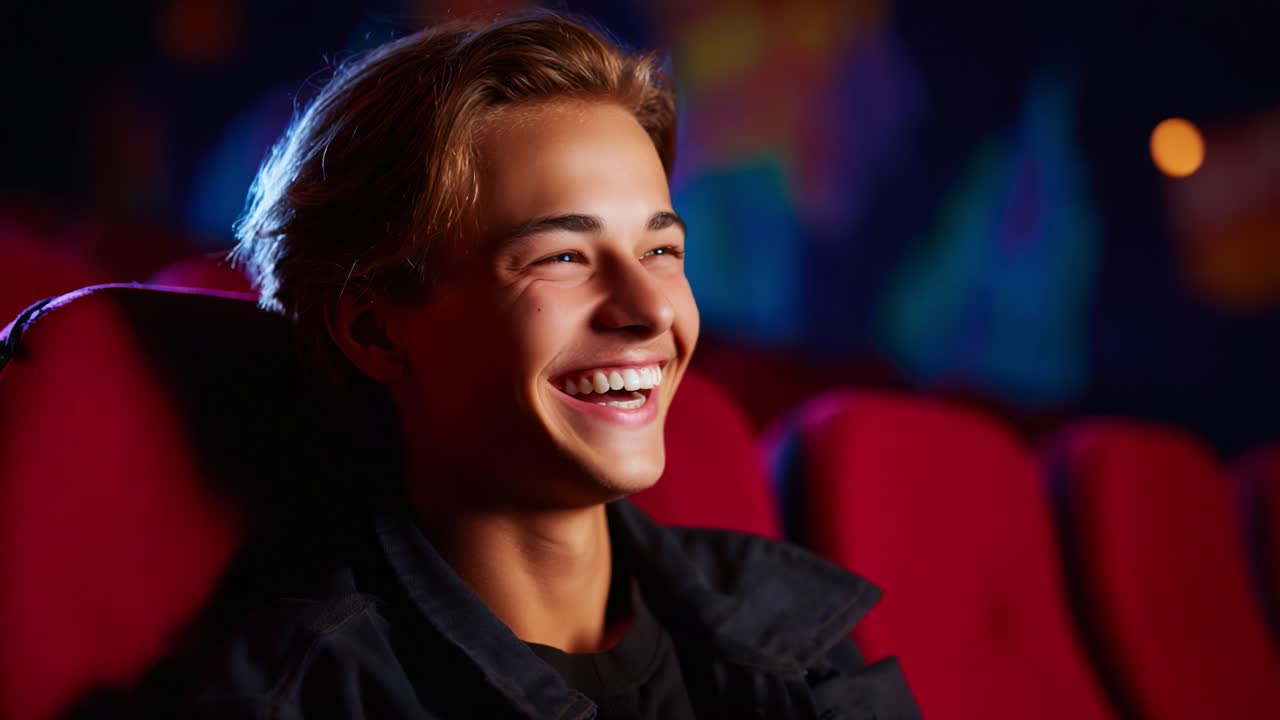 An Enthusiastic Young Individual Enjoying a Movie in a Theater, Displaying a Joyful Expression with a Bright Smile, Surrounded by Dramatic Lighting and Elegant Red Seats, Creating a Cozy Atmosphere of Delight