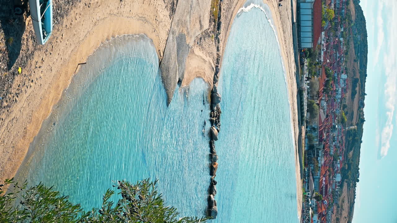 Landscape of the nature in Nea Roda village in Greece. Stones, buildings and water. Vertical video
