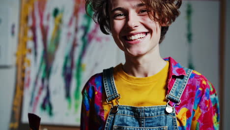 happy artist holding paintbrushes