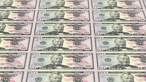 american dollar banknote printing. 50 dollar bills on money printing machine. 3d animation.