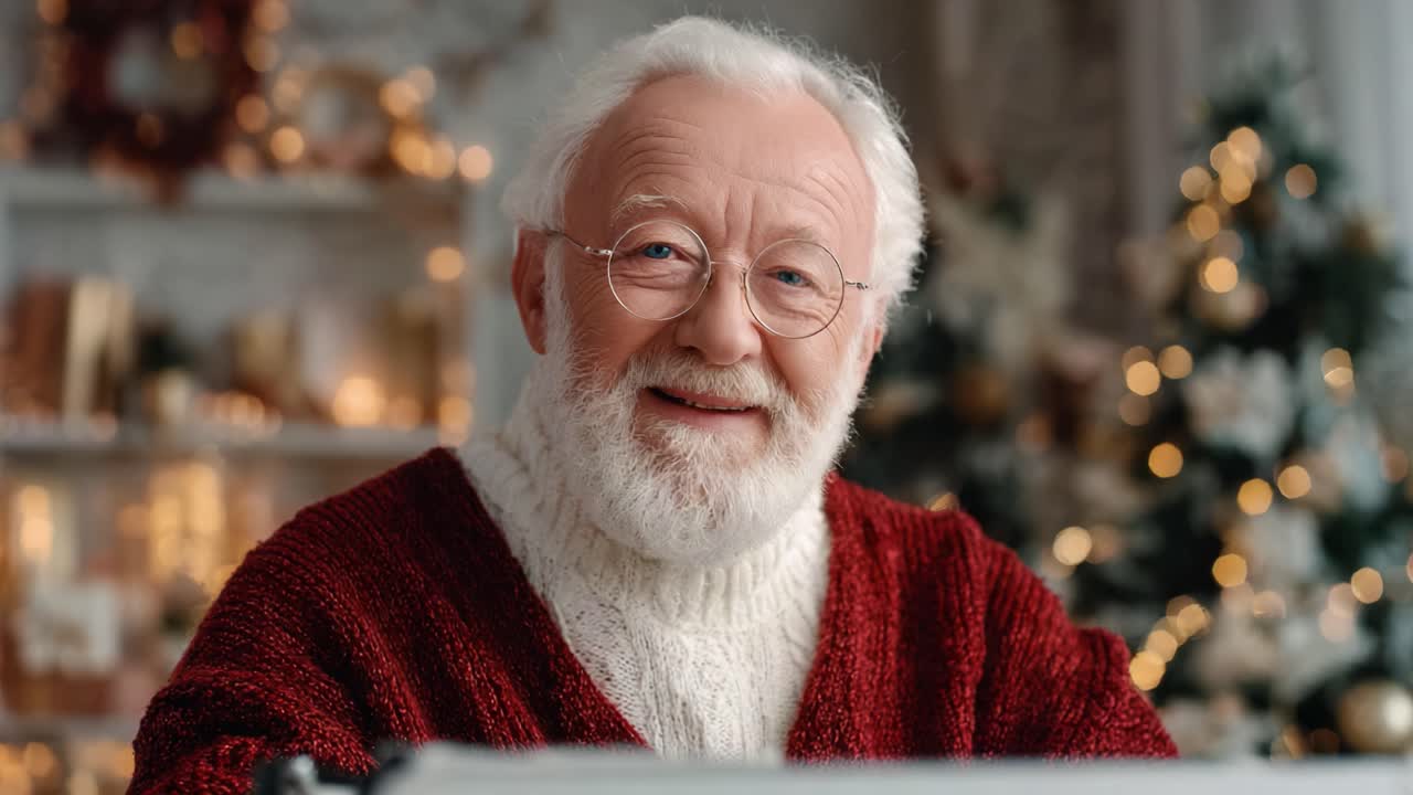 A jolly, festive figure embodies the spirit of Christmas, radiating warmth and joy with a gentle smile, surrounded by a cozy, holiday-themed backdrop of lights and decorations