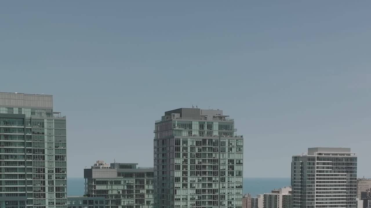 Chicago skyline view showing modern buildings near Lake Michigan