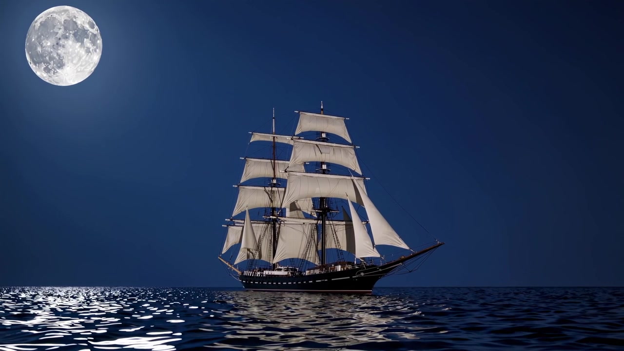 Majestatyczny żaglowiec płynący po oceanie pod pełnym księżycem nocą
