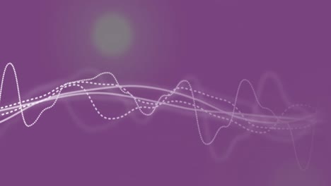 Animation-of-digital-waves-moving-against-green-spots-of-light-on-purple-background