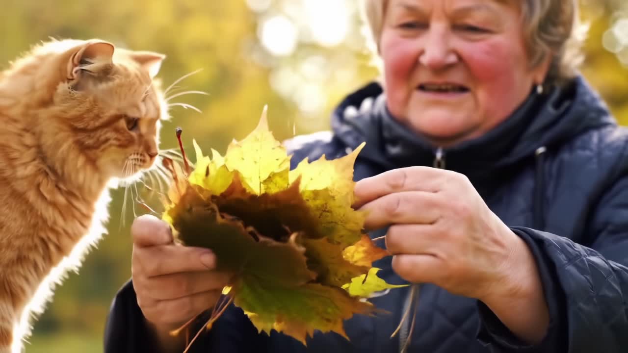 A Heartwarming Moment: An Elderly Woman Engages with Her Playful Orange Cat While Exploring Colorful Autumn Leaves in a Sunlit Park