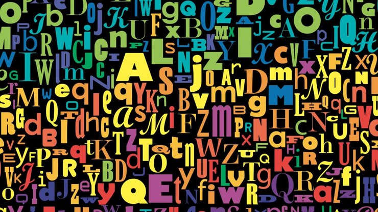 Lettere dell'alfabeto confuse che scorrono, sfondo colorato. Cartone animato, animazione 2D. Filmato in loop 4K.