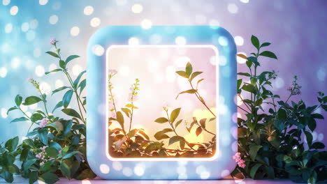 glowing frame with plants and bokeh lights