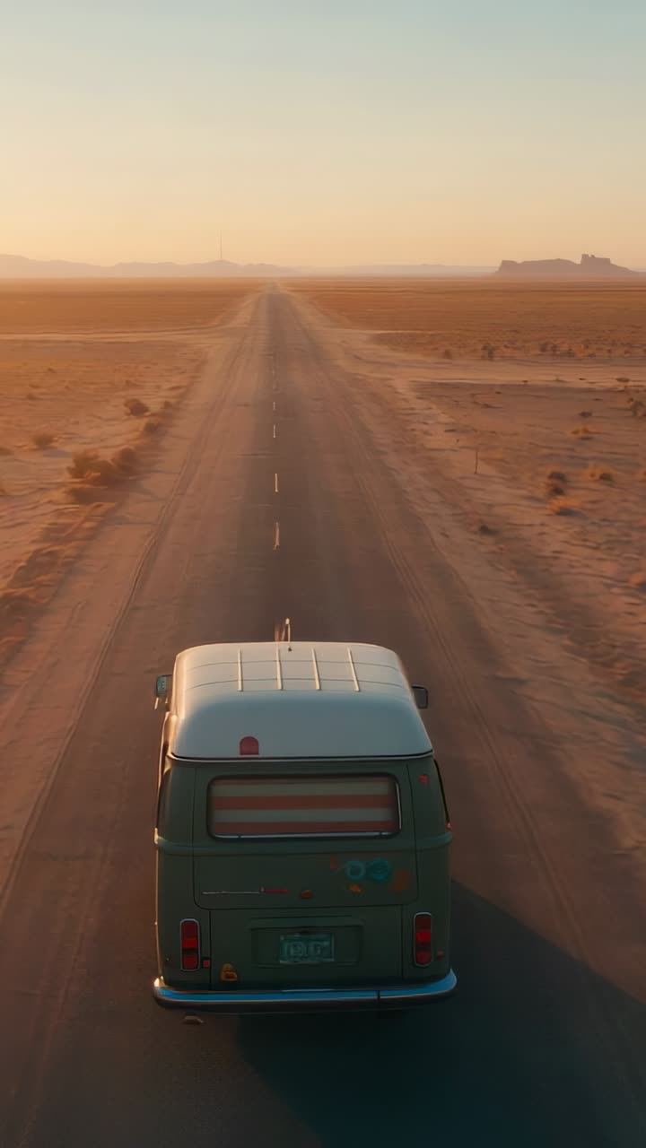 Vertical video: Entering frame, green vintage camper van traveling desert highway toward rock mesas