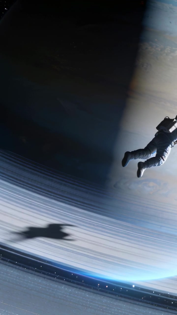 Video vertical: Astronauta a la deriva sin cuerda de seguridad sobre un mundo anillado, sombra del paquete del traje, espacio para texto