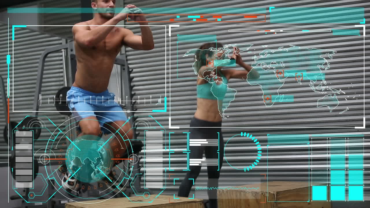 animación del procesamiento de datos y estadísticas sobre hombres y mujeres que hacen ejercicio en el gimnasio,