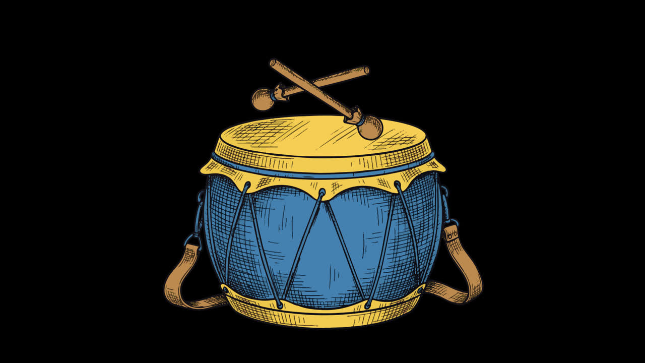Ilustrasi yang Digambar Tangan dari Drum Biru dan Kuning dengan Stik Drum
