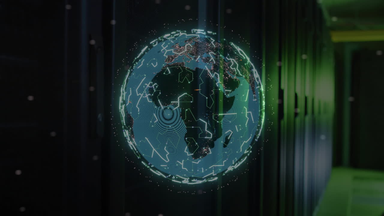 Animation of globe with connections over computer server