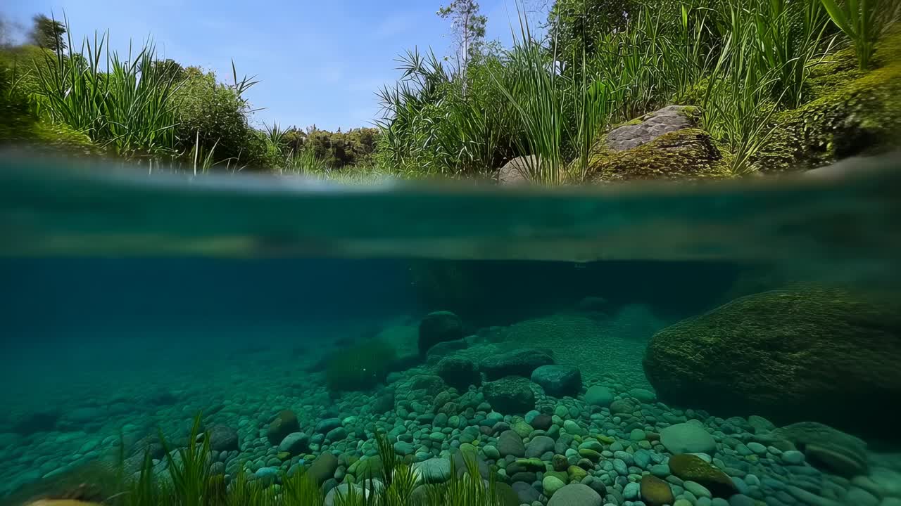 Camera che scivola seguendo un ruscello limpido a livello dell'acqua in un canale erboso, rivelando ciottoli e muschio