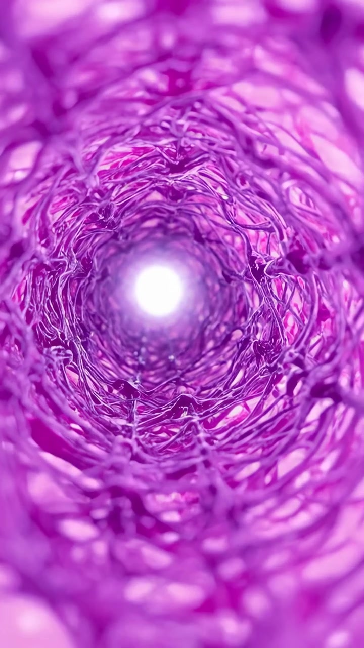 Video verticale: Telecamera che si muove attraverso un tunnel intrecciato viola magenta, cercando una luce centrale brillante