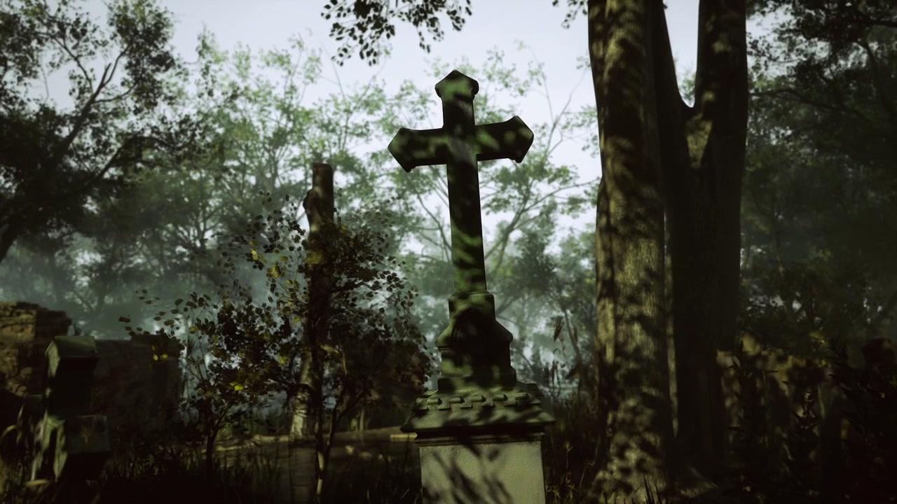 Antico cimitero avvolto nella nebbia, con una croce dettagliata e una vegetazione lussureggiante.