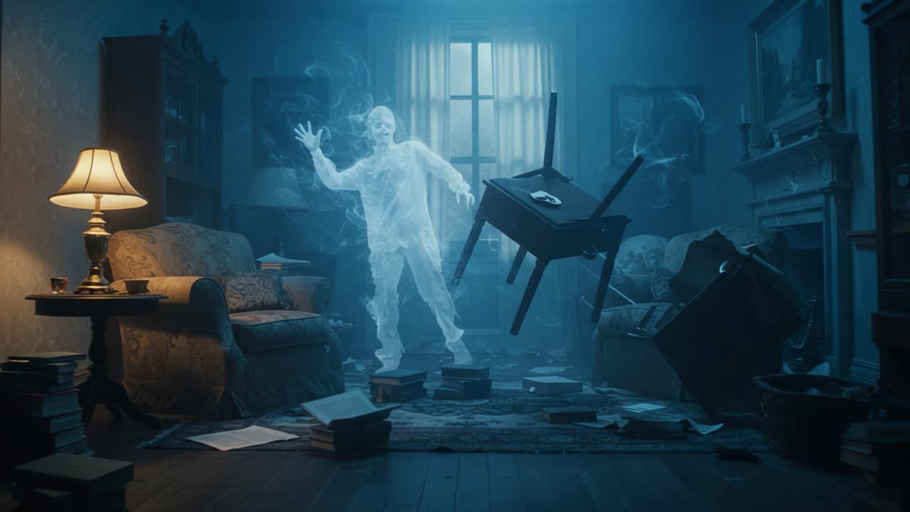 A Haunting Encounter: A Ghostly Figure in an Eerie Room Surrounded by Floating Furniture and Scattered Books, Creating a Chilling Atmosphere of the Supernatural