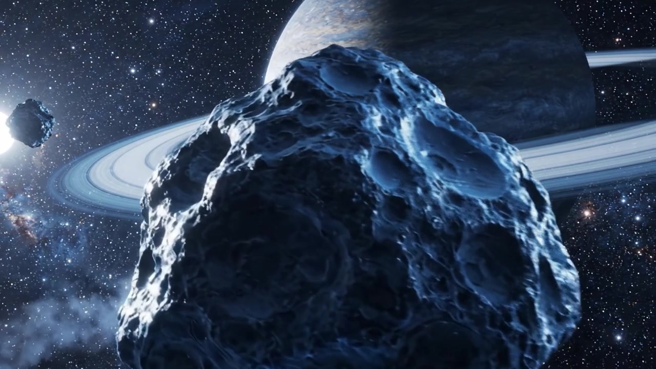 En majestætisk kosmisk scene med en fantastisk gasgigantplanet omgivet af levende ringe og asteroider, sat mod baggrunden af et fascinerende stjerneunivers