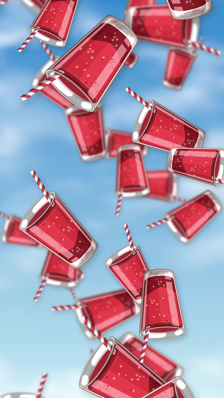 Bicchieri di soda rossi stilizzati con cannucce a righe cadono continuamente contro un cielo azzurro brillante