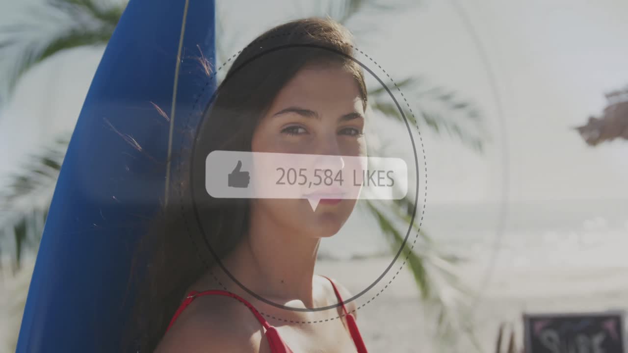 como iconos con números crecientes contra el retrato de una mujer con tabla de surf sonriendo en la playa