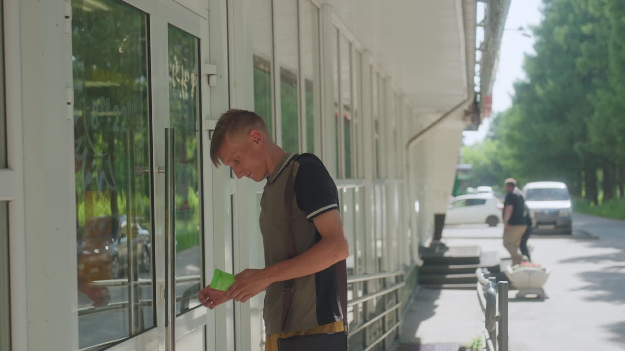White Man At Building Entrance Applying Sanitizer To Hands, Cautious Hygiene Routine Before Entry, Green Bottle In Hand, Glass Facade And Sidewalk Reflections In Sunny Urban Setting