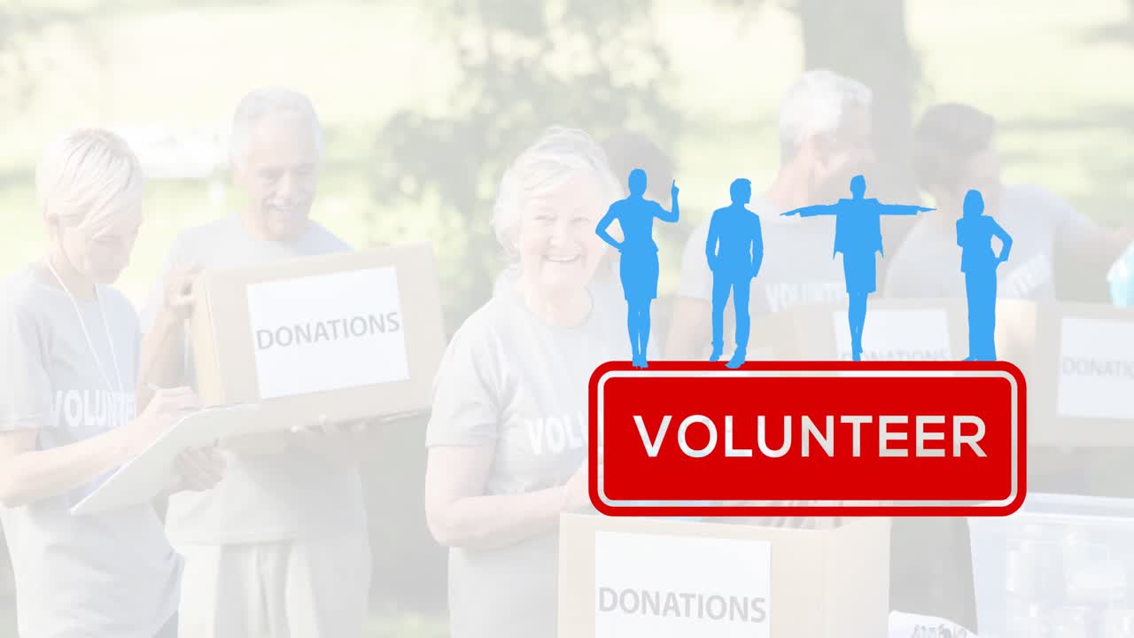 다양한 자원봉사자 그룹의 애니메이션을 자원봉사자 텍스트에 대해