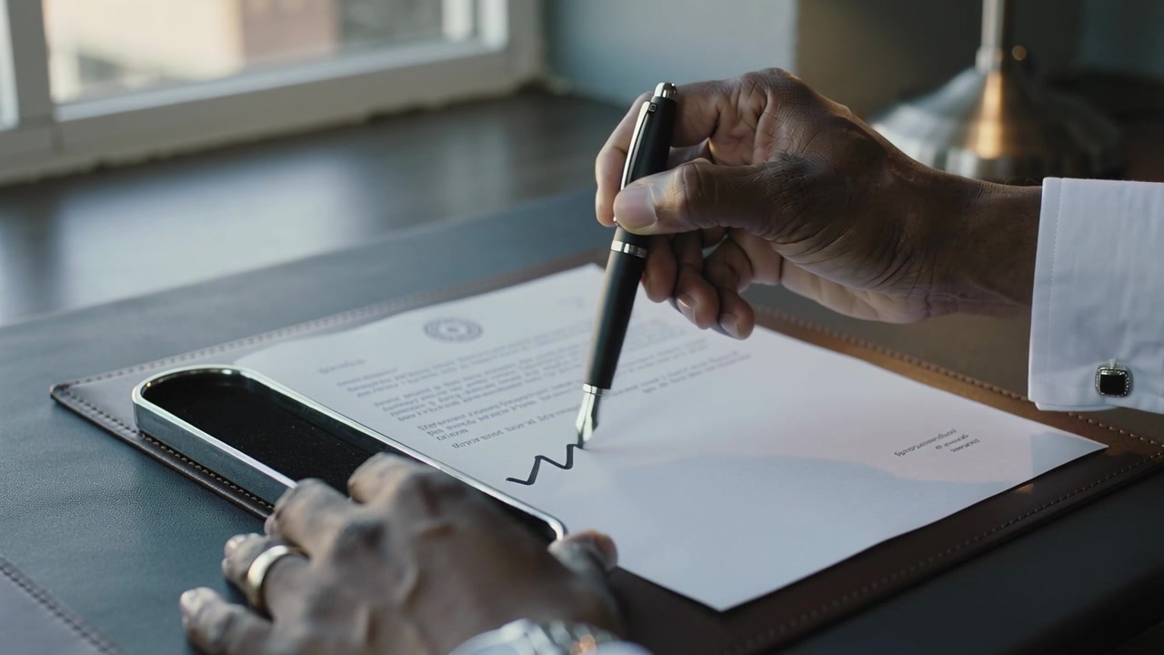 Signing suit exec prompted by document grasping pen at office desk, stabilizing on leather padfolio