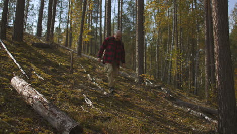 hombre solitario de mediana edad está caminando en el otoño el turismo forestal y el senderismo son útiles para la salud estilo de vida saludable