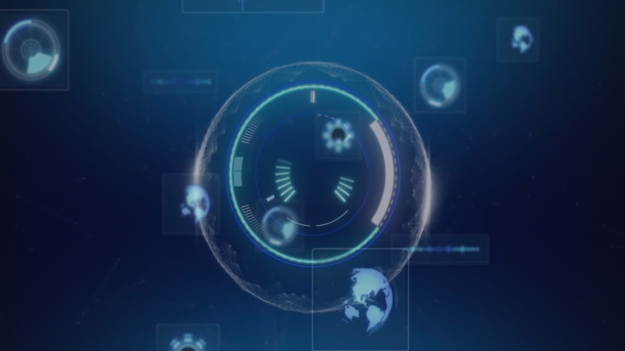 Animation of screens with round scanners and data processing against blue background