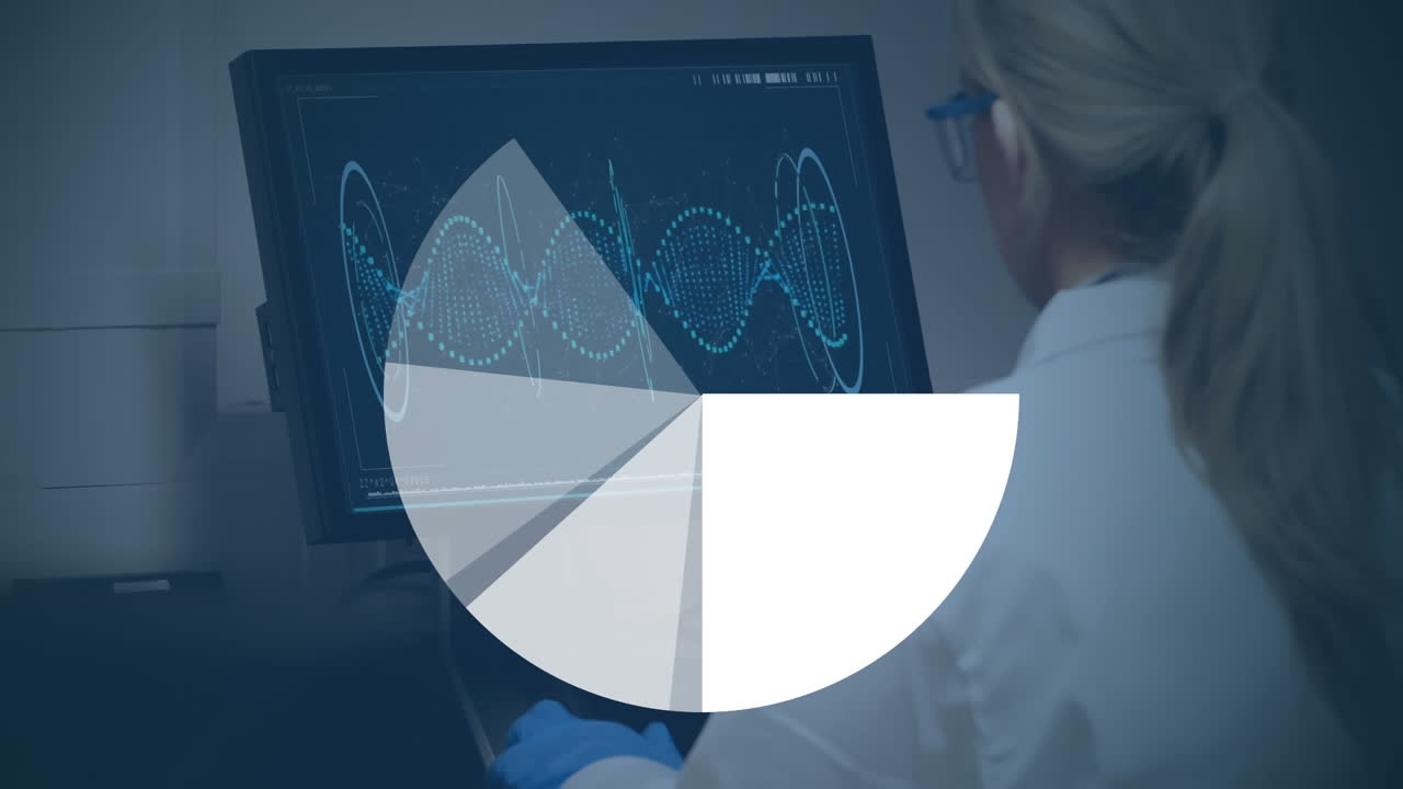 Animation of data processing and statistics over caucasian female scientist