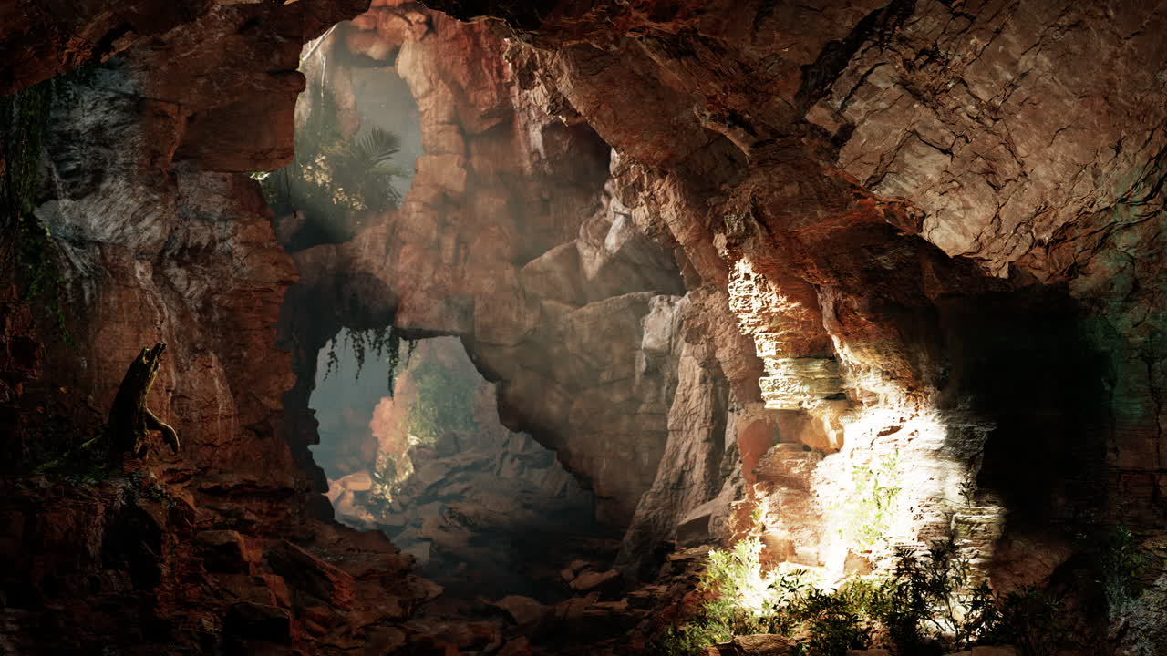 una cueva oscura y misteriosa con un rayo de luz brillando a través