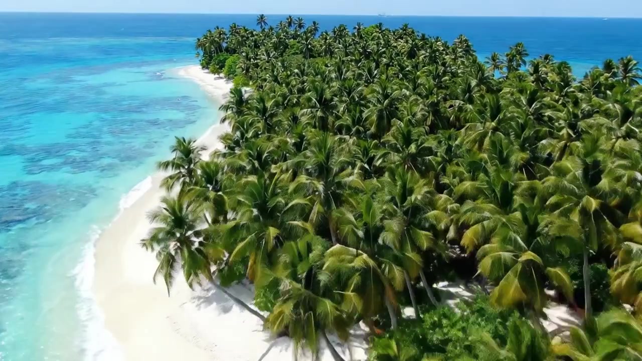 Splendida vista aerea di un'isola tropicale circondata da acque cristalline e palme lussureggianti sotto un cielo azzurro brillante, perfetta per relax e avventura.