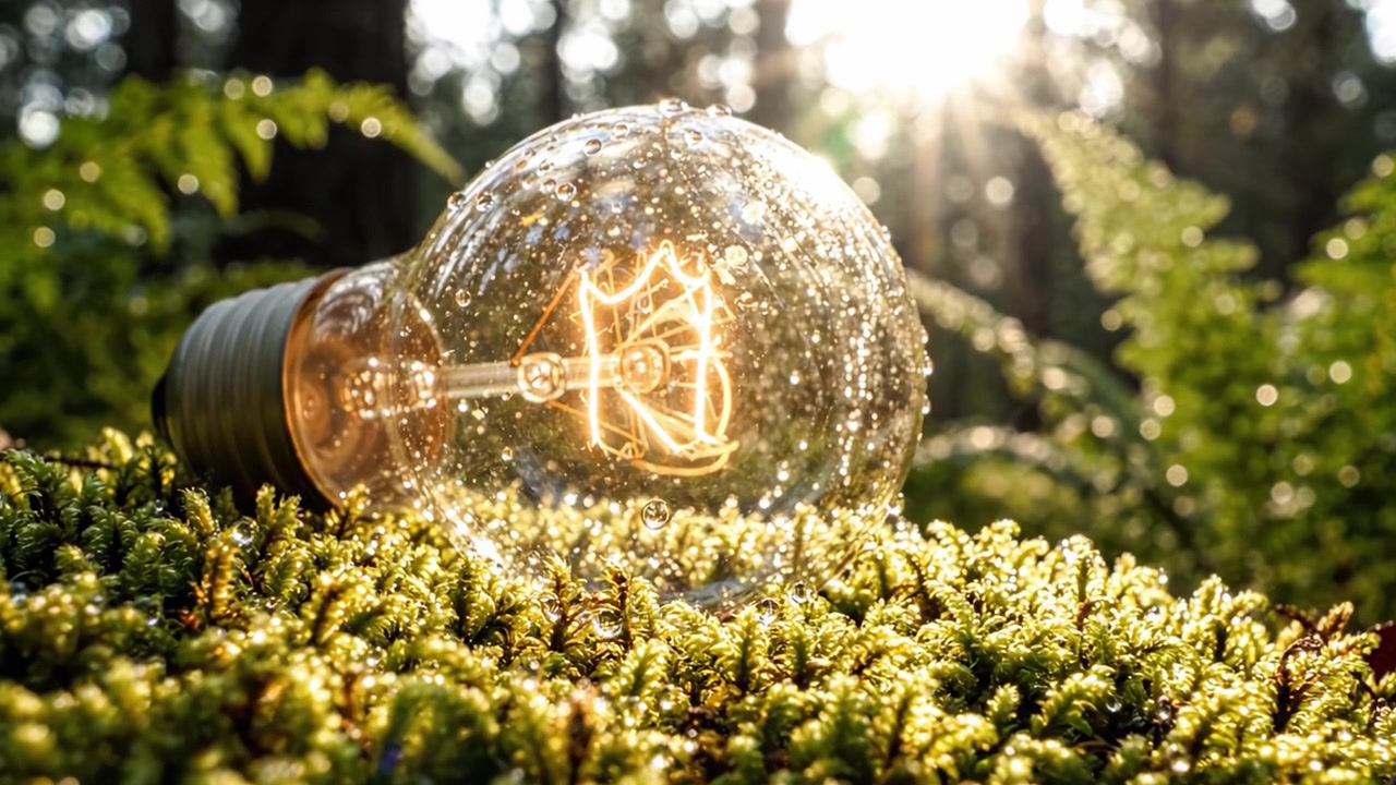 Una lampadina luminosa poggiata su muschio verde rigoglioso con la luce del sole che filtra attraverso gli alberi, catturando l'essenza della natura e dell'illuminazione in un ambiente sereno.