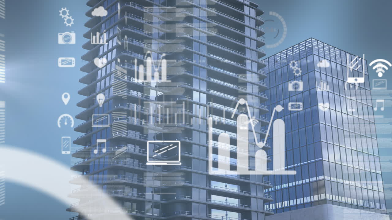 상징, 그래프 및 상거래 보드의 애니메이션 하늘에 대한 현대 건물 위에